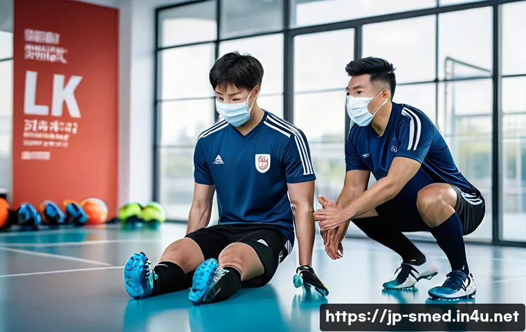 스포츠의학 분야 실무 경험 얻는 방법 - A dynamic sports clinic scene featuring a young Japanese male athletic trainer wearing professional ...