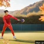 스포츠의학 전문가의 업무 수행 노하우 - A dynamic warm-up scene featuring a Japanese male athlete in modern athletic wear performing leg swi...