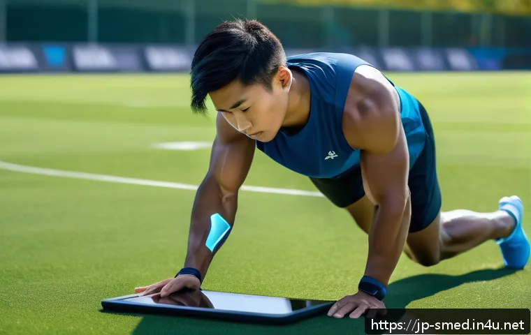 스포츠의학 실무와 이론의 차이점 - A cutting-edge sports medicine scene showing a professional athlete wearing high-tech wearable senso...