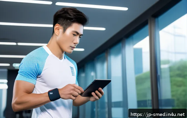 스포츠의학 전문가로서의 경력 관리 - A modern sports medicine clinic scene featuring a professional athlete wearing advanced wearable dev...