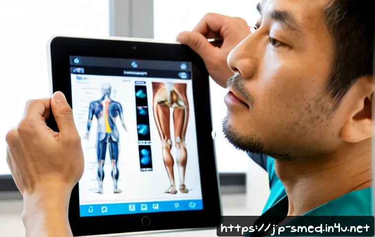 스포츠의학 전문 지식 향상 방법 - Photorealistic Japanese sports medicine physician and athletic trainer studying a detailed knee join...