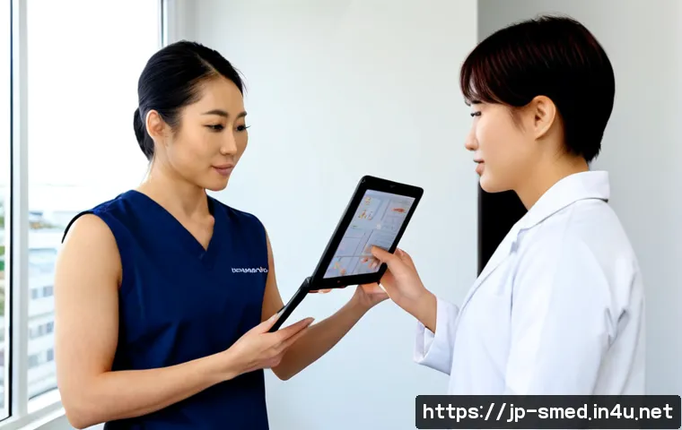 스포츠의학 관련 취업 시장 동향 - Photorealistic sports medicine career consultation in a modern Japanese rehabilitation clinic, diver...