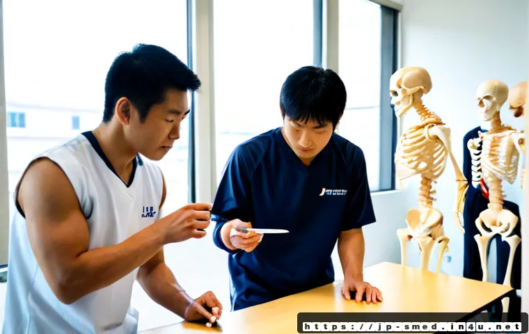 스포츠의학 전공 과목 - Photorealistic university sports medicine anatomy laboratory, diverse adult students in clean athlet...